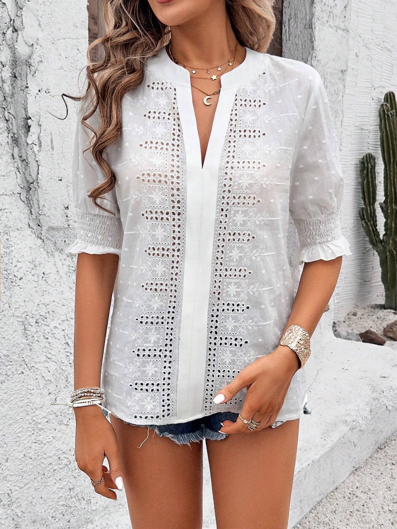 Hollow Out Half Sleeve Boho Top with Ruffle Trim: Rose Red / XL
