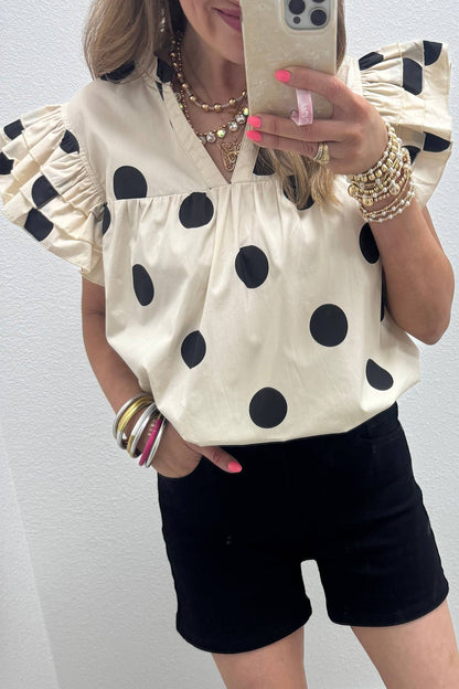 Spring 2026 Polka Dot Print V Neck Ruffle Sleeve Blouse: Apricot / XL