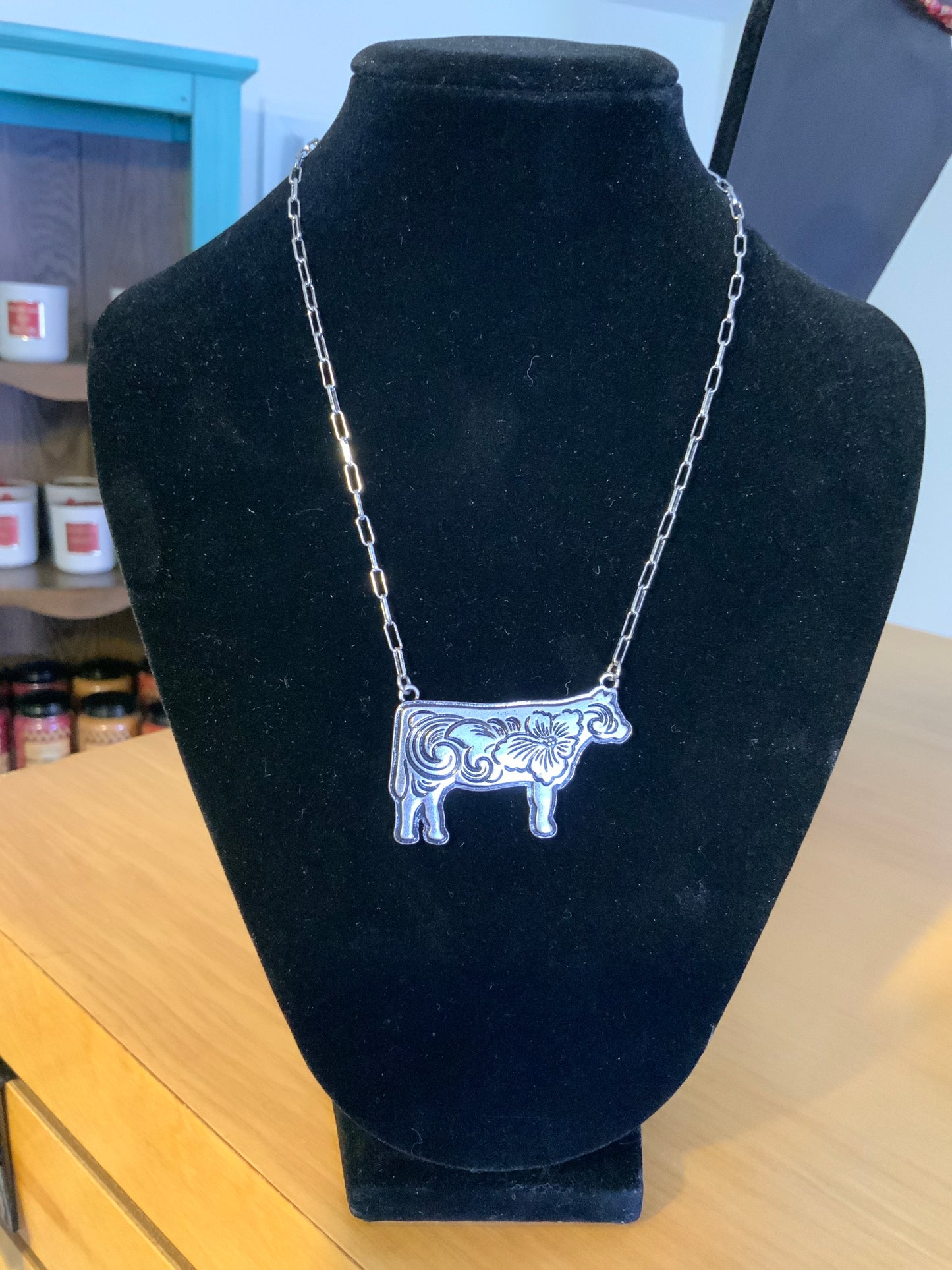 Silver Etched Cow Necklace
