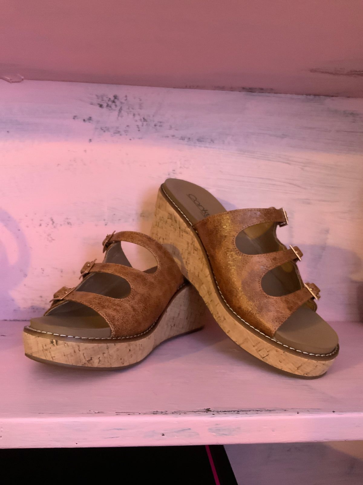 Corkys Cognac Crinkle Wedge Slide