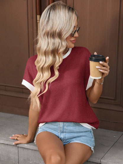 Khaki Contrast Trim Knit Tee Loose Crew Neck Top: Dark Blue / 65%Polyester+30%Viscose+5%Elastane / XL