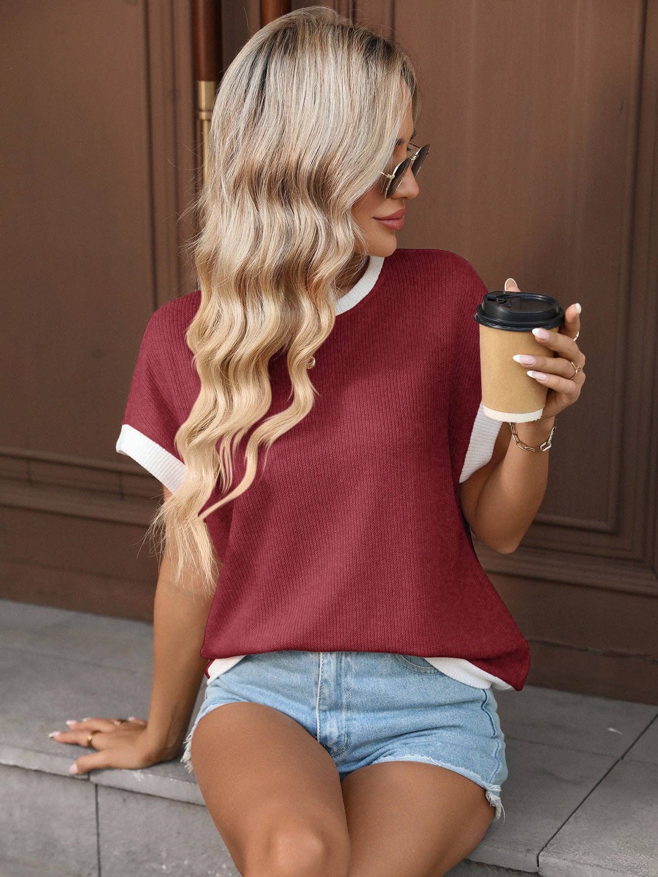 Khaki Contrast Trim Knit Tee Loose Crew Neck Top: Dark Blue / 65%Polyester+30%Viscose+5%Elastane / 2XL