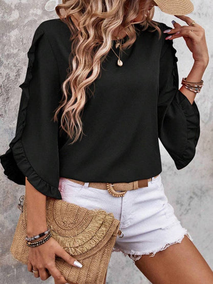 Summer Solid Ruffle Loose Fit Sleeve Shirt: Black / 95% and above polyester (polyester fiber)