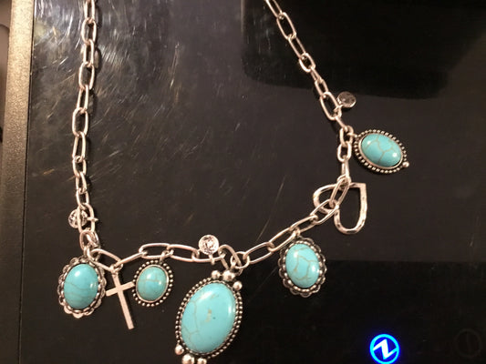 Silver Tone Turquoise Cross & Heart Necklace