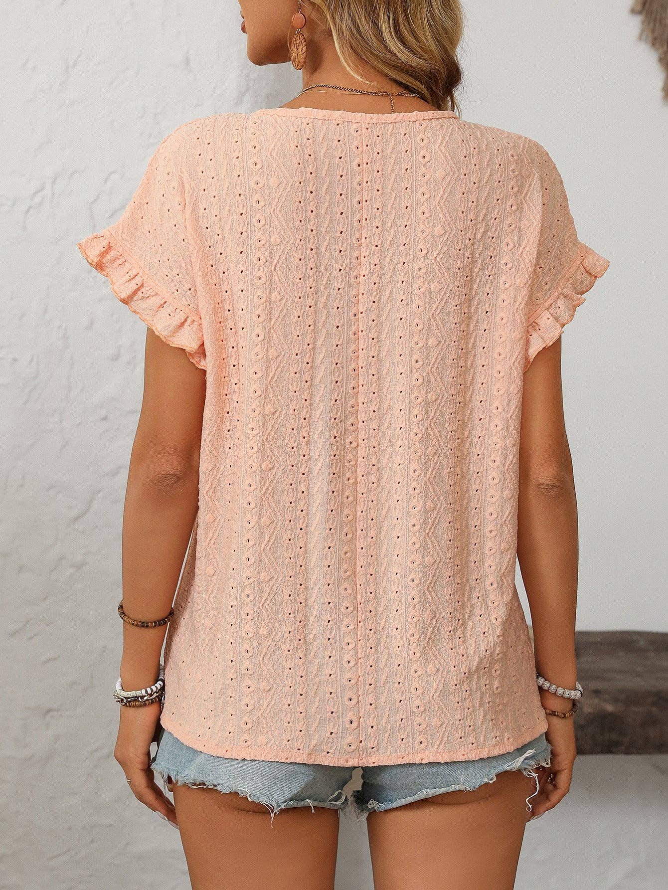 Women’s Eyelet Knit Crewneck Ruffle Sleeve Summer Top: Blue / 65%Polyester+30%Viscose+5%Elastane / M