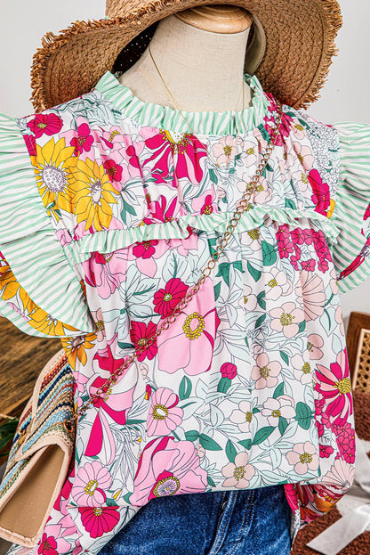 Fashion Floral Contrast Ruffle Trim Short Sleeve Boho Blouse: As shown / Missy / M