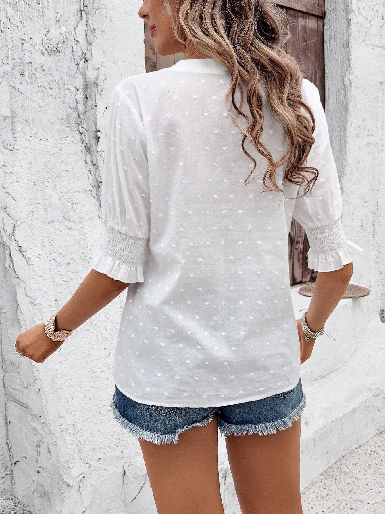 Hollow Out Half Sleeve Boho Top with Ruffle Trim: Rose Red / M