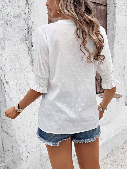 Hollow Out Half Sleeve Boho Top with Ruffle Trim: Rose Red / L