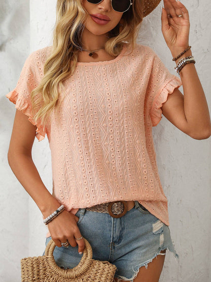 Women’s Eyelet Knit Crewneck Ruffle Sleeve Summer Top: Blue / 65%Polyester+30%Viscose+5%Elastane / XL