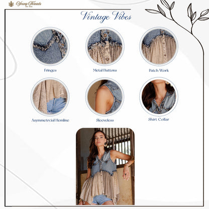 Distressed Boho Western Denim W/Ruffles Sleeveless Tunic Top: LATTE / REGULAR (S-M-L-XL 2-2-2-1)