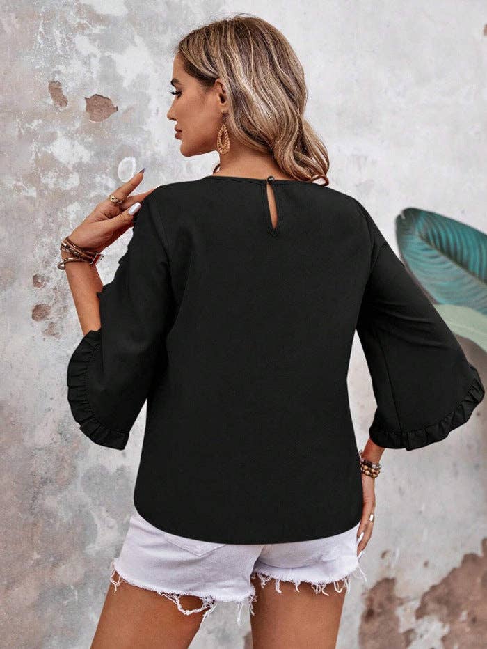 Summer Solid Ruffle Loose Fit Sleeve Shirt: Black / 95% and above polyester (polyester fiber)