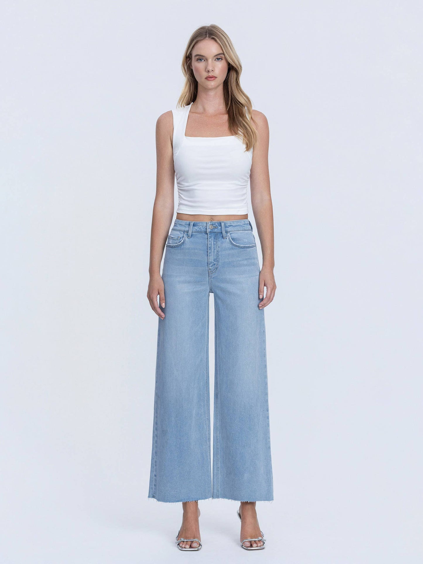 HIGH RISE LIGHT WASH RAW HEM ANKLE WIDE JEANS LV1918