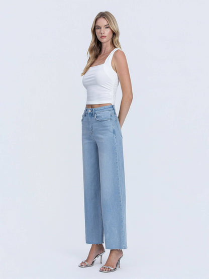 HIGH RISE LIGHT WASH RAW HEM ANKLE WIDE JEANS LV1918