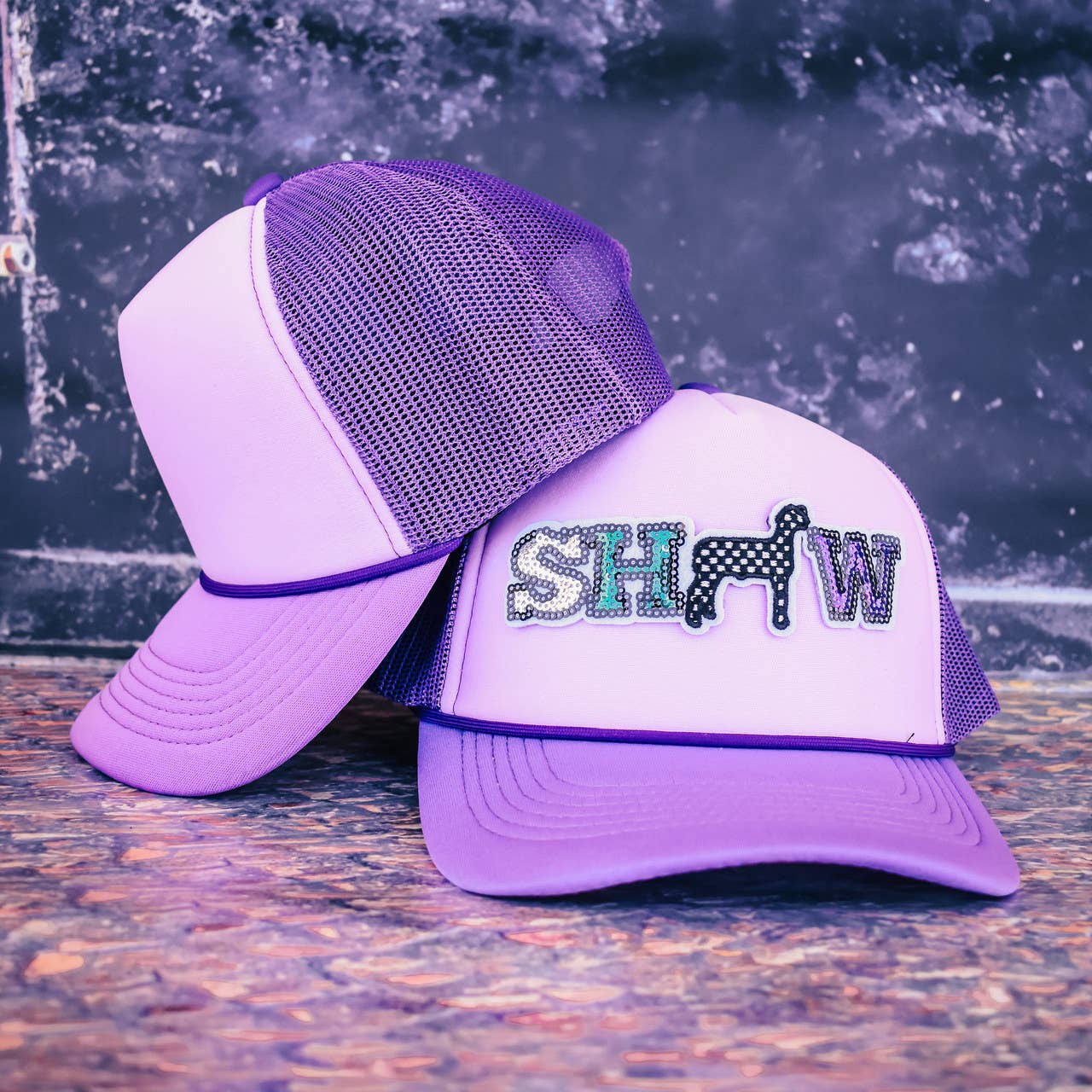 Show Animal Mesh Foam Trucker Hat: Purple/ White Check / Calf