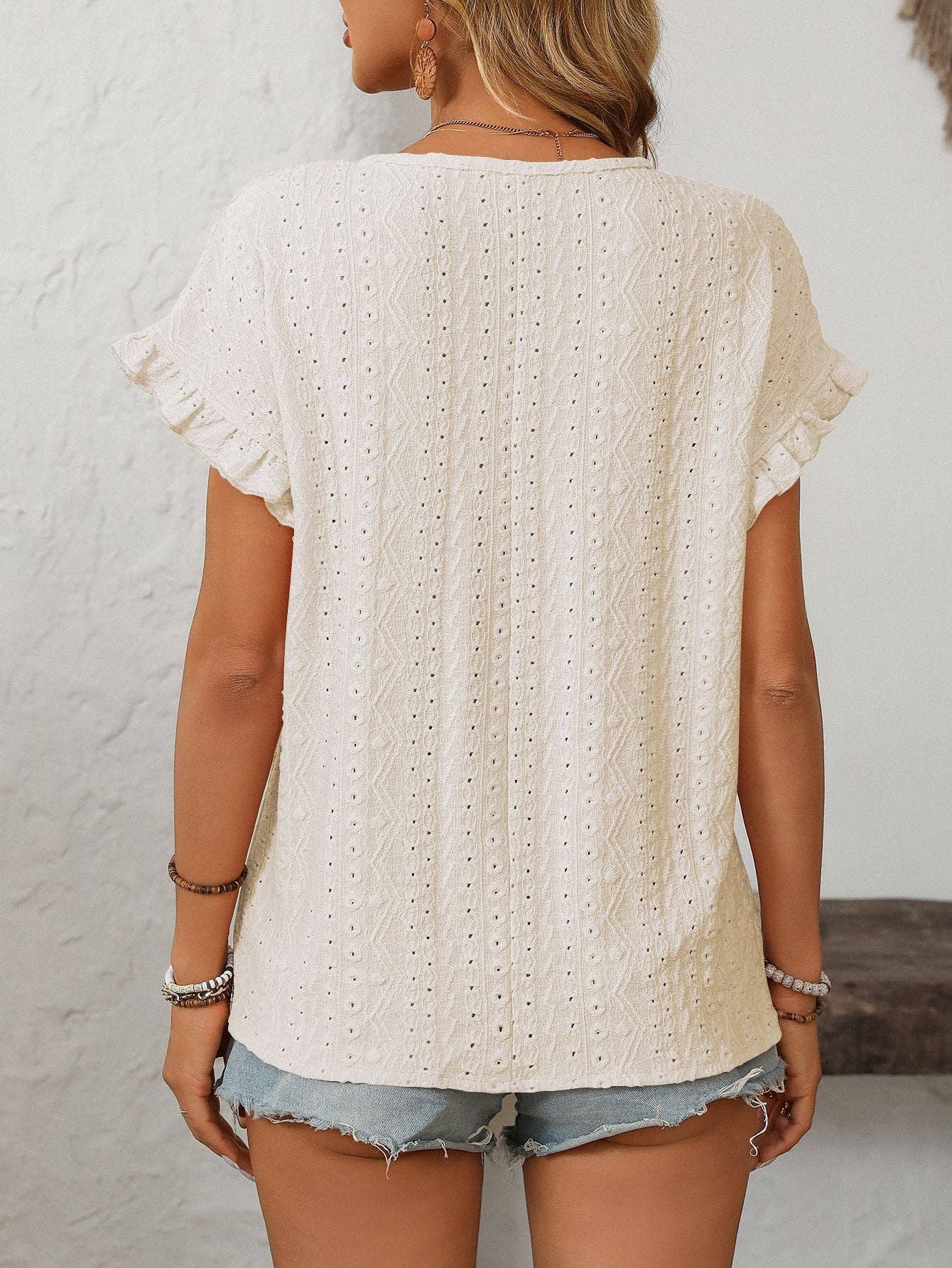 Women’s Eyelet Knit Crewneck Ruffle Sleeve Summer Top: Blue / 65%Polyester+30%Viscose+5%Elastane / S