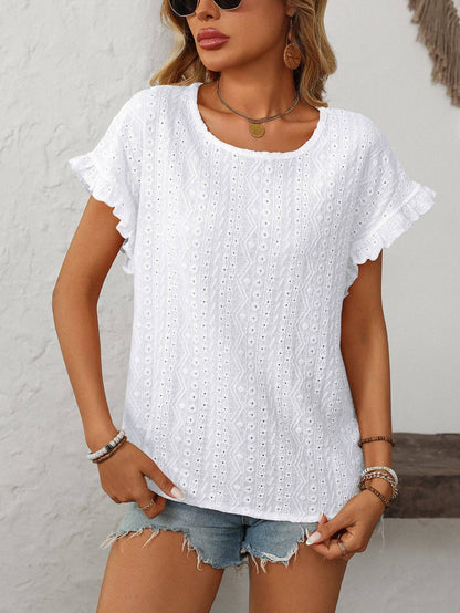 Women’s Eyelet Knit Crewneck Ruffle Sleeve Summer Top: Blue / 65%Polyester+30%Viscose+5%Elastane / 2XL