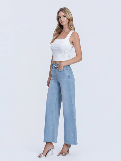 HIGH RISE LIGHT WASH RAW HEM ANKLE WIDE JEANS LV1918