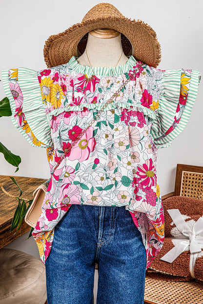 Fashion Floral Contrast Ruffle Trim Short Sleeve Boho Blouse: As shown / Missy / M