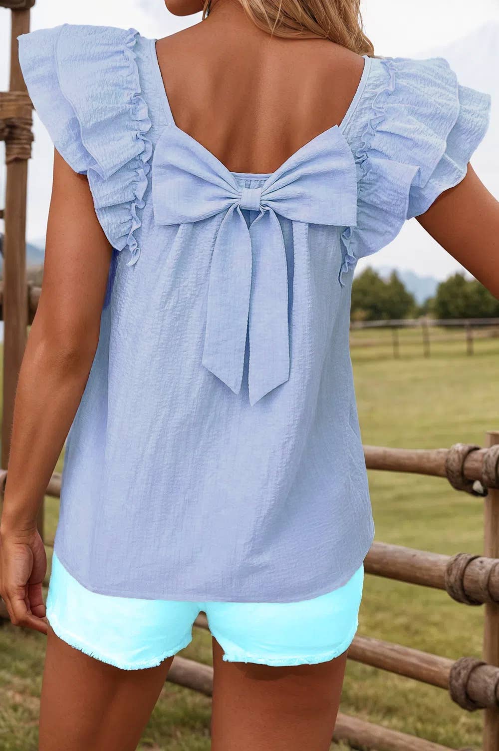 Fashion-W Textured Bow Knot Frilled Butterfly Sleeve Blouse: Blue-Stripe / Missy / S