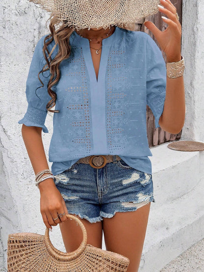 Hollow Out Half Sleeve Boho Top with Ruffle Trim: Rose Red / 2XL