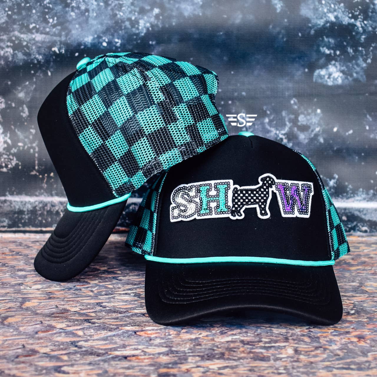 Show Animal Mesh Foam Trucker Hat: Purple/ White Check / Goat