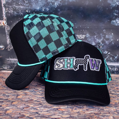 Show Animal Mesh Foam Trucker Hat: Purple/ White Check / Goat